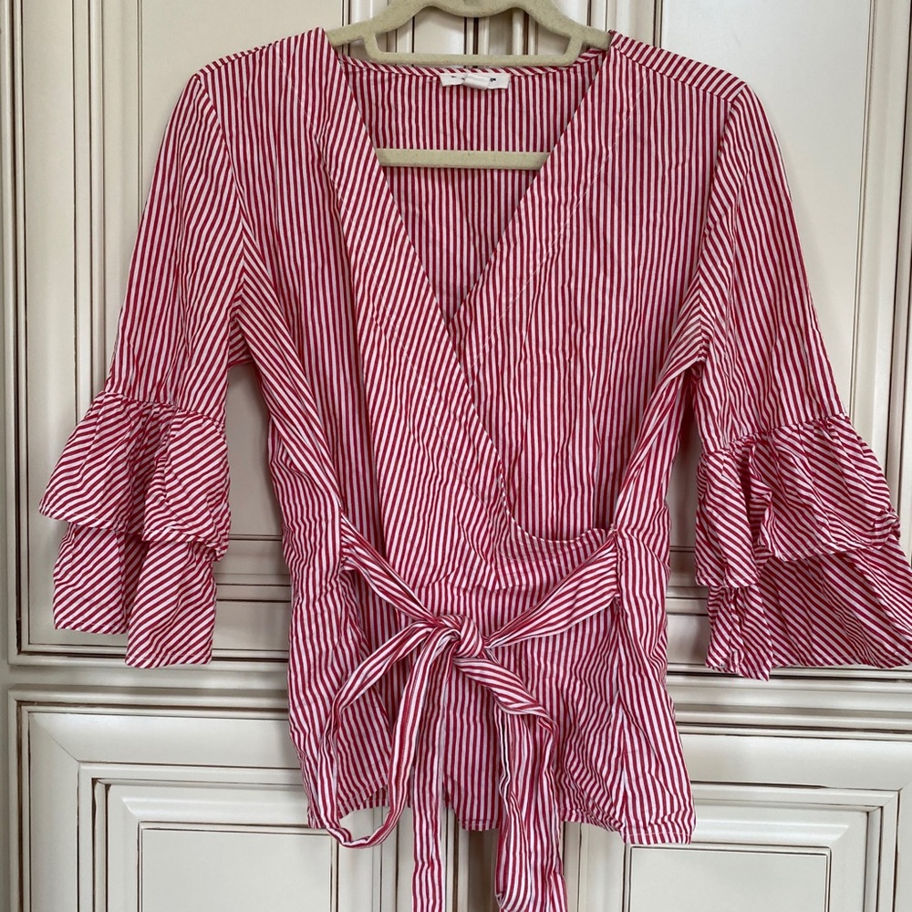 Striped wrap shirt with ruffle sleeves